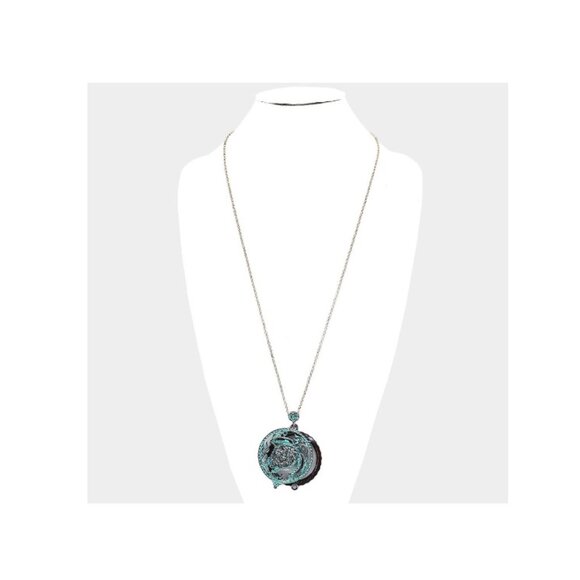 Verdigris Patina Turtle Magnifying Glass Pendant Long Necklace - Picture 3 of 3